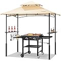 VIVOHOME Grill Gazebo Outdoor BBQ Patio Canopy Tent with Double Tiered Vented Top & 2 Side Shelves, Beige