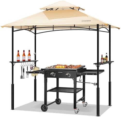 VIVOHOME 8×5 ft Grill Gazebo Outdoor BBQ Patio Canopy Tent with Double Tiered Vented Top & 2 Side Shelves, Beige