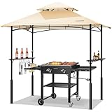 VIVOHOME Grill Gazebo Outdoor BBQ Patio Canopy Tent with Double Tiered Vented Top & 2 Side Shelves, Beige