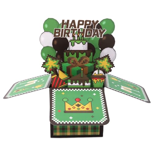 Pixelated 3D Pop Up Birthday Card Large Green Adventure Game Theme Happy Birthday Pop-Up Box Universal Greeting Card with Envelope Creative Gifts Party Decorations for Kids Boys Girls