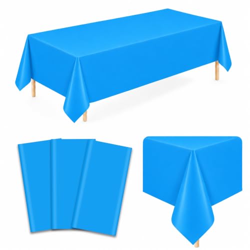 Image of WNINK 3 Pack Sky Blue Plastic Tablecloths, 54 x 108 Inch Disposable Covers | Ideal for Baby Showers, Birthdays, Gender Reveals and Pool Parties, Protect Tabletops from Spills and Simplify Cleanup