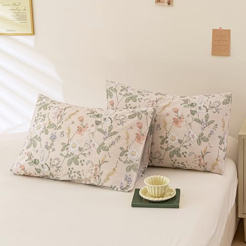 Image of ECOCOTT 2 Pack Floral Pillowcases Standard Size, 100% Washed Cotton Pillow Cases with Envelope Closure, Vintage Botanical Flower Printed Pillow Covers