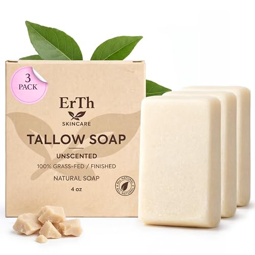ErTh All-Natural Tallow Soap Bar 3 Pack Grass-Fed Tallow Simple Ingredients (Unscented)