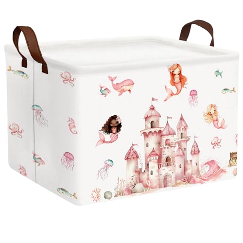 ASKETAM Cute Rectangle Baby Girl Gift Basket Toy Storage Bin Nursery Playroom Bedroom Decor (Pink Castle)