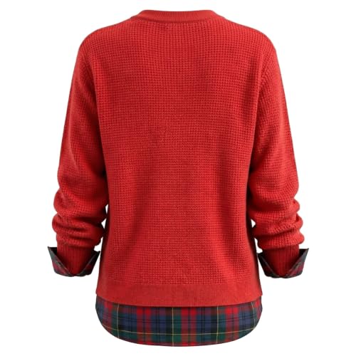 Womens Waffle Knit Christmas Sweatshirts Plaid Shirt Patchwork Crewneck Top - image 6