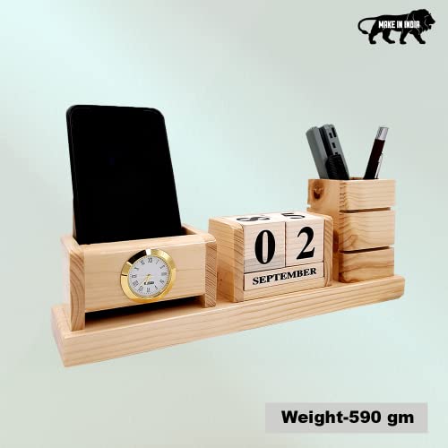 Image of WOOD HOUSE Wooden Pen Stand with Card Holder /Study Table, Pen Holder for Office Table Stylish for Office & Student Desk (Pen Stand with Calender and Mobile Holder)
