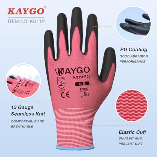 Image of KAYGO Work Gloves for Men and Women,12 Pairs Seamless Knit PU Coated Safety Gloves, with Smooth Grip on Palm and Fingers, Ideal for Light Warehouse, Manufacturing, Gardening, KG11P (L,Pink)