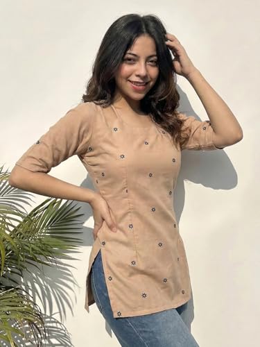 Image of ANNI Designer Women's Viscose Blend Printed Short Kurti | Straight Fit Ethnic Top with Square Neck | Bell Sleeve Indian Kurta for Office College, Party