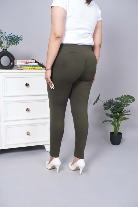Image of Mlada Women's Solid Cotton Lycra High Waist Ankle Length Tummy Tucker Jeggings Trouser with 2 Side Pockets | Office Wear Summer Pants | Regular Fit, Stretchable, Comfortable & Stylish Everyday Bottoms