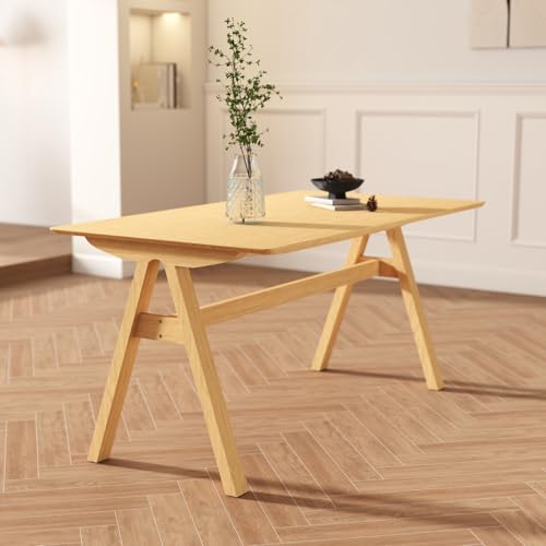 Image of DUOMAY Wooden Dining Table, Square 59 inch Wide Kitchen Table for 4-6 People, Mid Century Rectangular Dinner Table with Trestle Base for Home Restaurant, Original Wood Color