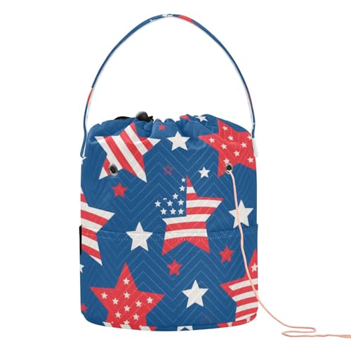 4th of July Independence Day Red and Blue Stars Crochet Bags Crochet Organizer Bag Portable Needle Storage for Yarn Balls Crochet Travel
