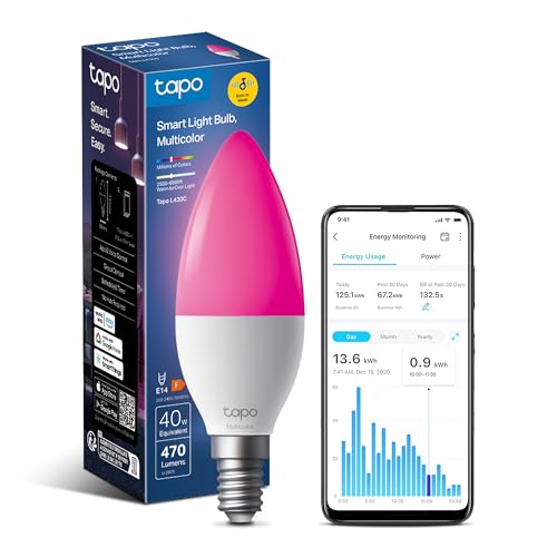 Tapo L430C Smart Bulb Alexa Light Bulbs LED Light Bulb E14 Smart Light Bulb 470 Max Lumens Dimmable Colour Changing Light Bulb Auto Biorhythm Music Sync Voice/APP Control Schedule & Timer