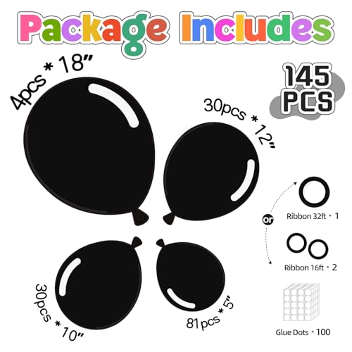 Image of 145pcs Black Balloons Different Sizes 18 inch 12 inch 10 inch 5 inch Black Latex Balloon Garland Arch Kit for Birthday Baby Shower Wedding Engagement Bachelorette Bridal Anniversary Graduation Party Decorations