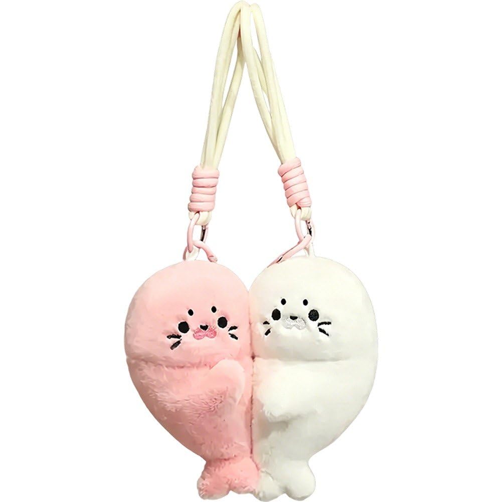 Sslvya Magnetic Couple Keychains, 2 Pcs Plush Seal Keychain Bag Charm Pendant for Backpacks Handbags Purses & Car Keys, Gifts for Couples