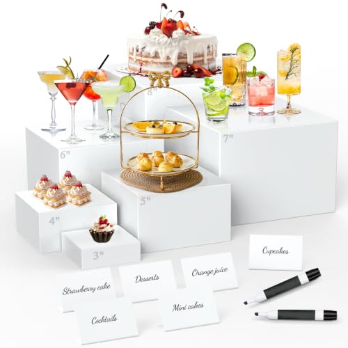 6 Pcs Buffet Risers with Mini Sign and Maker Food Risers Display Stands for Buffet Table Party Catering Dessert Jewelry Collectibles Nesting Cube Boxes with Hollow Bottoms (8 7 6 5 4 3)