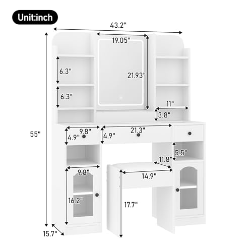 Image of JIVOIT 43.2 inch Vanity Desk with Mirror, Dressing Table with 3 Drawers, Storage Shelves and Stool, 2 Glass Cabinets, Modern Glass Top Vanity with for Bedroom (White,032)