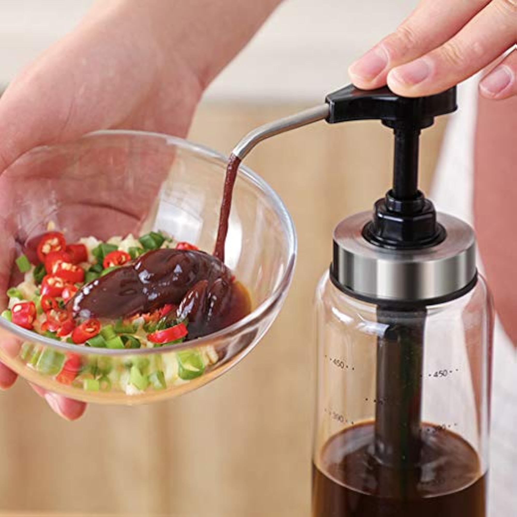 300ml Sauce Pump Dispenser with Glass Bottle, Perfect for Kitchen