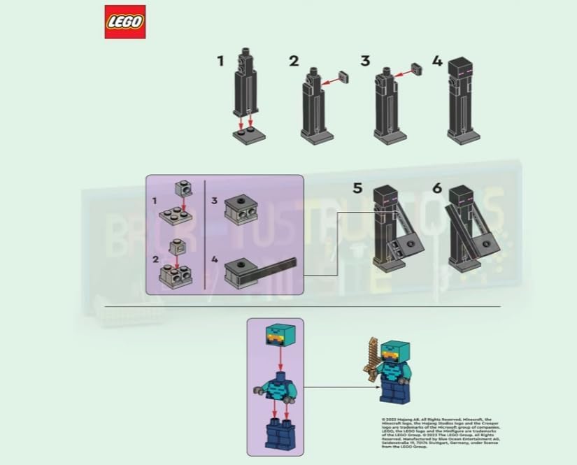 Diagram showing step-by-step assembly instructions for LEGO Minecraft figures, including attaching legs, torso, and head, and adding accessories like a sword.
