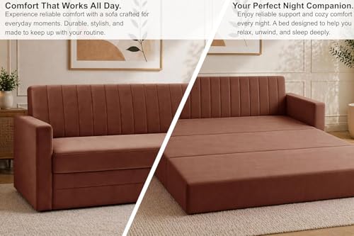 Image of Modern Velvet 3-Seater Sofa Cum Bed with Armrest, Convertible Sleeper Couch Sofa for Living Room, Bedroom & Office-Brown Color