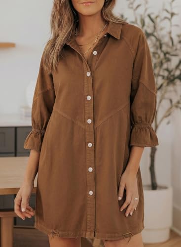 Image of Sidefeel Womens Smocked 3 4 Sleeve Button Down Denim Jeans Dresses