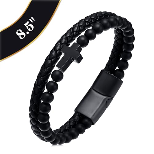 Mens Cross Bead Braided Genuine Leather Bracelet, Black Gemstone Agate Onyx Beaded Rosary Obsidian Bangle, Faith Religious Easter Catholic Christian Communion Baptism Christmas Jewelry Gift for Men2
