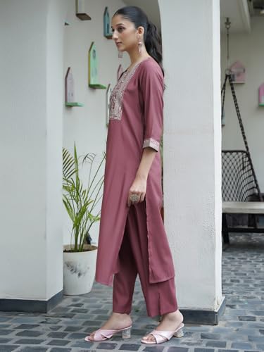 Image of Sanisa Women's Silk Blend Sequins Embroidery Straight Kurta with Pant and Dupatta Set