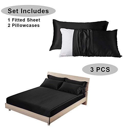 Lilysilk 3Pc Silk Fitted Sheets Set 100% Mulberry Silk 6A Grade, 2 Silk Pillowcases And 1 Silk Fitted Sheet, 16 Inch Deep Pocket, 19 Momme Silk Bed Sheets Black, Queen Size #TOP1