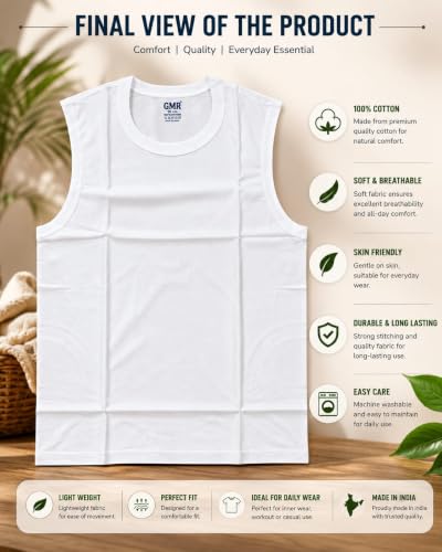 Image of GMR Men Cotton Vest Sleeveless White Pack of 3