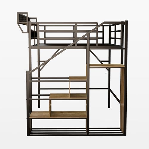 Image of Queen Size Metal Loft Bed with Storage Shelf Built-in USB Port | Heavy Duty Loft Bed with Storage Stairs & Wardrobe+ LED Lights, Large Under-Bed Area, Noise Free, No Box Spring Needed