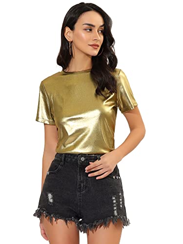 Allegra K Women's 80s Disco Outfit Party Club Sparkly Rainbow Metallic Top