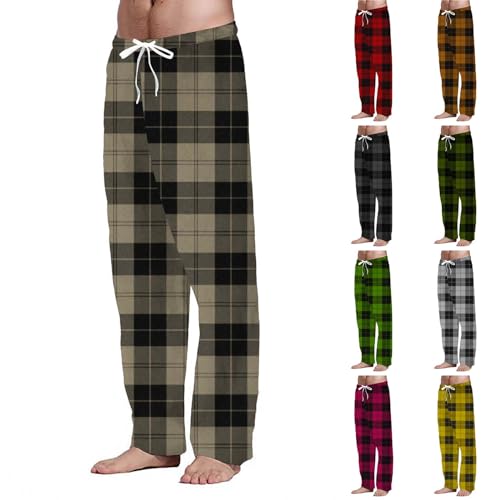 Pantalones largos de algodón a cuadros para hombre, pantalones largos de pijama para hombre, pantalones largos de algodón, con bolsillos, cordón, pantalones de casa, naranja, XL