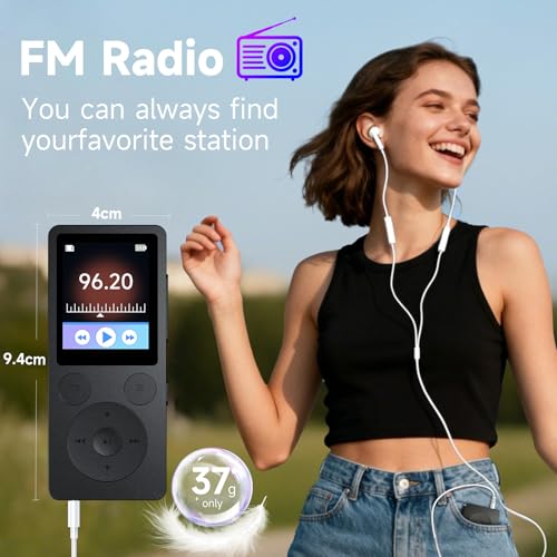 64GB MP3 Player Bluetooth 5.3 & Lautsprecher – Upgrade mit physischen Tasten (Zurück, Menü, Lautstärke), Nur 37g mit Kopfhörer FM Radio Diktiergerät Mini-Design HiFi-Sound, bis zu 128G
