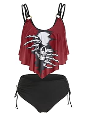AMAZON - DRESSFO Women’s Bikini Swimwear High Waisted Tummy Control Tankini Swimwear Gothic Swimsuit Skull Flower Print Crisscross Summer Beach Bathing Suit(Black_2/L)