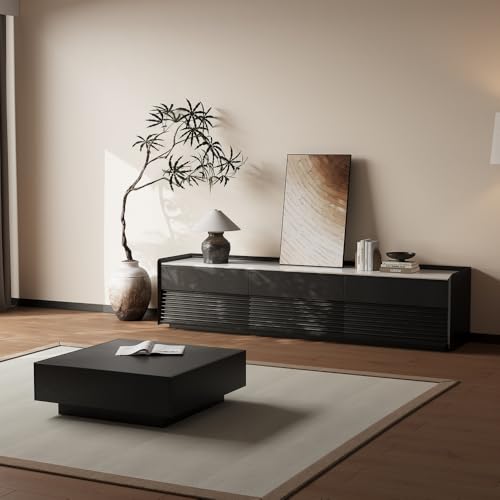 Image of POVISON Fully-Assembled Mid Century Glossy Sintered Stone TV Stand, 78.74 inch Wood Media Console with Adjustable LED Light, Entertainment Center with Storage for Living Room