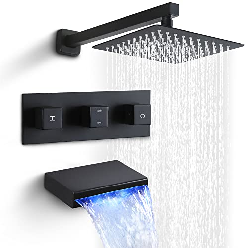 SKOWLL Grifo de ducha de 3 manijas, montaje en pared, mezclador de ducha con bañera, cascada, ducha punta, kit de mango de cabezal de ducha de 10 pulgadas, negro mate