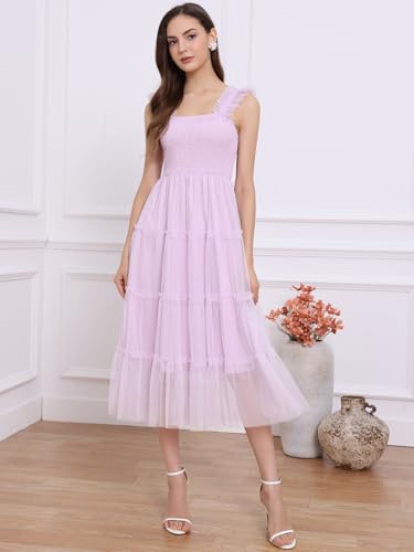 Image of Allegra K Women's Summer Midi Tulle Dress Sleeveless Smocked Square Neck Tiered Ruffled Wedding Guest Dress