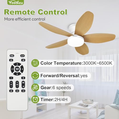 Image of Ceiling Fans with Lights - 35 Inch Small Low Profile Ceiling Fan and Remote,Flush Mount Ceiling Fan with 5 Reversible Blades 6 Wind Speeds, White&Wood Modern Ceiling Fans for Bedroom Kitchen