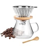 Caffè Latte | Cafetera Manual de Vidrio Borosilicato 600 ml – Cafetera para Café Filtrado Espresso con Filtro de Acero Inoxidable Reutilizable, Jarra de Café con Base de Bambú y Cuchara Incluida