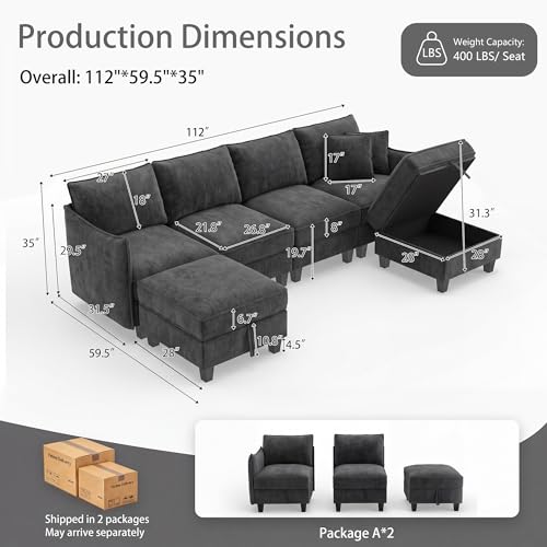 Image of Ihanherry 112 inch Modular U-Shaped Sectional Sofa, Modern 6-Seat Cloud Couch with 2 Storage Ottomans, Comfy Chenille Convertible Furniture Set for Living Room, Apartment, Easy Assembly, Black
