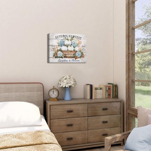 Image of Fall Canvas Wall Art Farmhouse Pumpkins Hydrangea Wall Decor for Kitchen Dining Room Autumn Harvest Poster Canvas Prints Vintage Rustic Floral Painting Artwork Holiday Home Decorations 12x16 inch Gifts