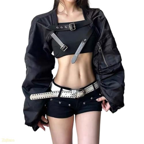 Women's Y2K Belted Black Motorcycle Jacket Pleated Long Sleeve Super Short Coat 2025 Trendy Summer Fashion