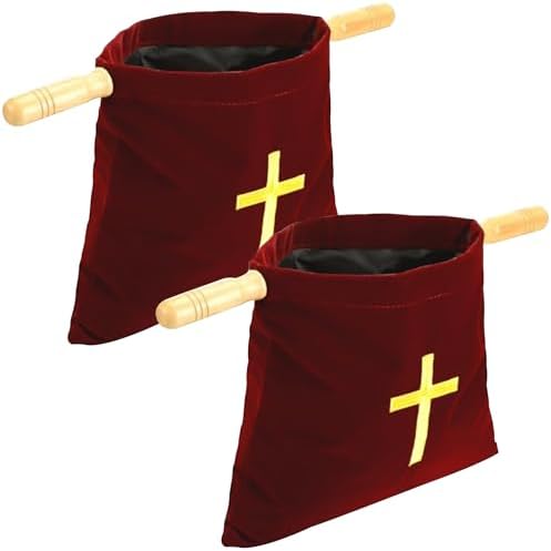 Offering Velvet Bags for Church with Wooden Handles Set of 2 - Cross Pattern Offering Baskets for Church,Collection Basket Pouch for Churches Communion Supplies,17.3"x10"
