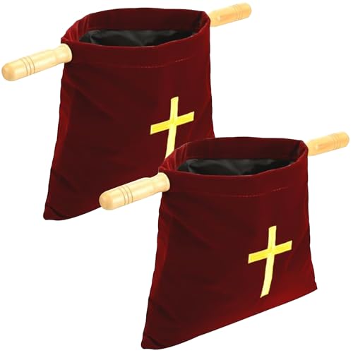 Offering Velvet Bags for Church with Wooden Handles Set of 2 - Cross Pattern Offering Baskets for Church,Collection Basket Pouch for Churches Communion Supplies,17.3"x10"
