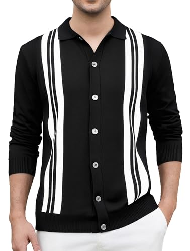 Esabel.C Men‘s Knit Button Down Shirts Long Sleeve Stripe Sweater Casual Ribbed Fashion Polo Shirts for Men
