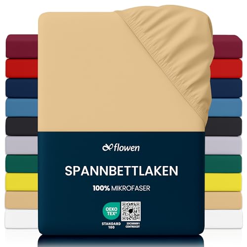 Flowen Spannbettlaken 200x200 cm Mikrofaser Spannbetttuch Beige für Bett Atmungsaktive Hypoallergene Bettlaken Anti-Milbe Leicht Weich und Knitterfrei mit 30 cm Tiefe Tasche Maschinenwaschbares