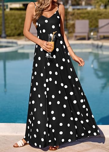 Image of KIRUNDO Womens Polka Dot Spaghetti Strap Flowy Maxi Dress | Sleeveless V Neck Boho Long Dresses, 2026 Summer Beach Vacation Cruise Outfits, A-Line Backless Sundress With Pockets
