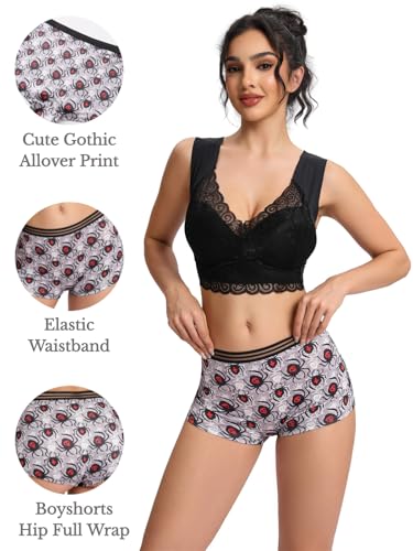 Morvia 10 Pack Variety of Gothic Print Boyshorts Underwear, High Waist Elastic Band, Assorted Halloween Skull Spooky Patterns3