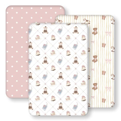 Image of Baby Bedside Bassinet Sheets Fitted, 33 inchx20 inch Compatible with Baby Delight Dream On Me & Most Rectangle Bedside Sleeper Bassinet Mattresses, Super Soft Microfiber Pink Bear