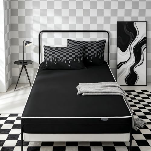 Image of Black Grey Checkered Zipper Bedding Set Full,Checkerboard Drip Bed-in-a-Bag Set Zip-Up Comforter with Fitted Sheet & Pillowcases,Cool Aesthetic Funky Modern Geometric for Kids & Teens Pet Friendly