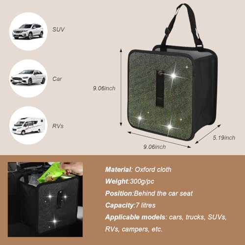 Image of Car Trash Can, Bling Rhinestone Crystal Waterproof Hanging Garbage Bag for Car Interior, Oxford Leakproof Foldable Waste Organizer Trash Bin Universal for Most Vehicles (AB)